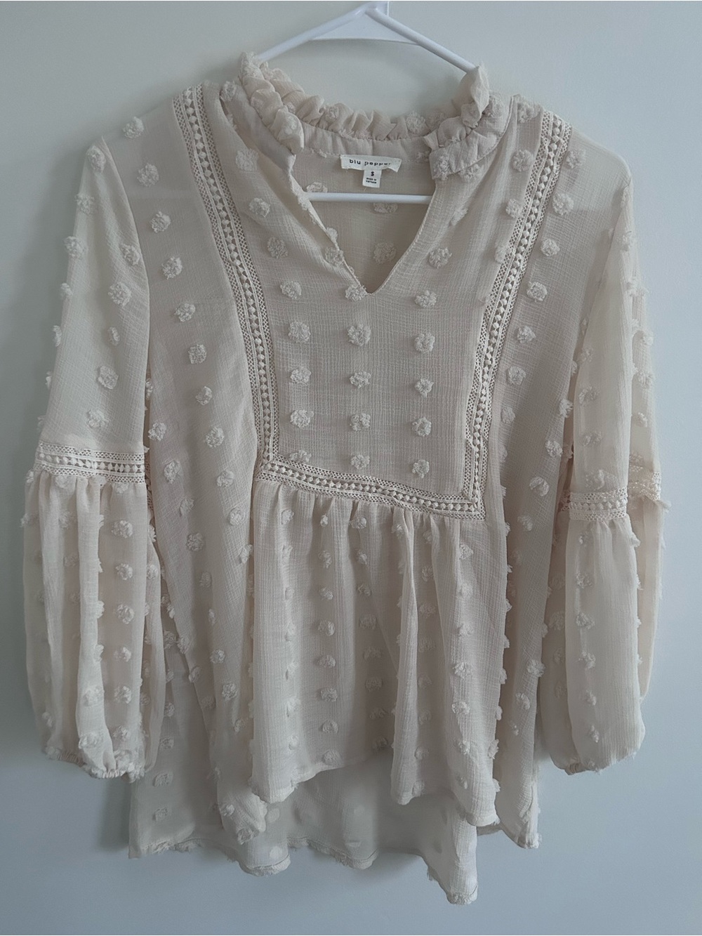 Blu Pepper Cream Swiss Dot Ruffle Yoke Blouse